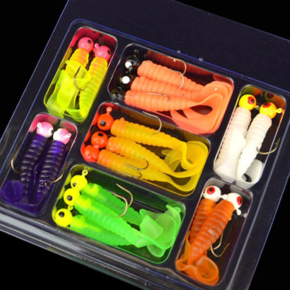 34pc set of Jig Head Fishing Hooks and Soft Worm Lure Grub